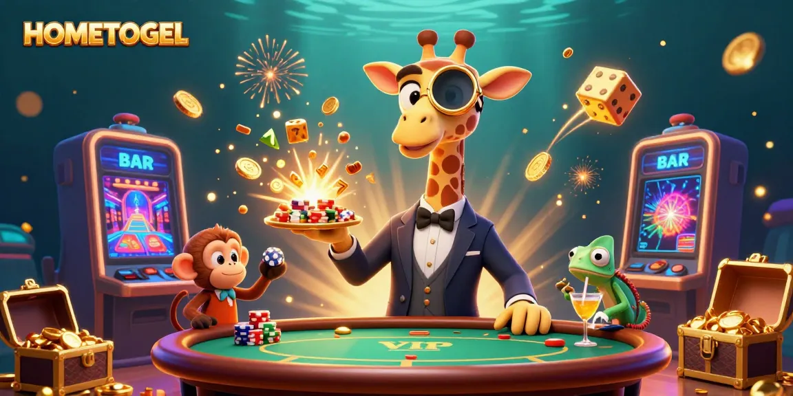Experience vibrant casino excitement with HOMETOGEL's cartoon high-roller giraffe and dynamic gaming elements.