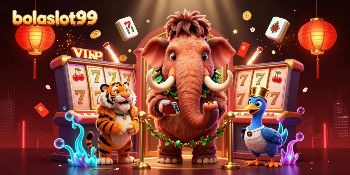 Bolaslot99 immersive scene with a woolly mammoth bouncer, a saber-tooth tiger, and dynamic slot elements flourishing
