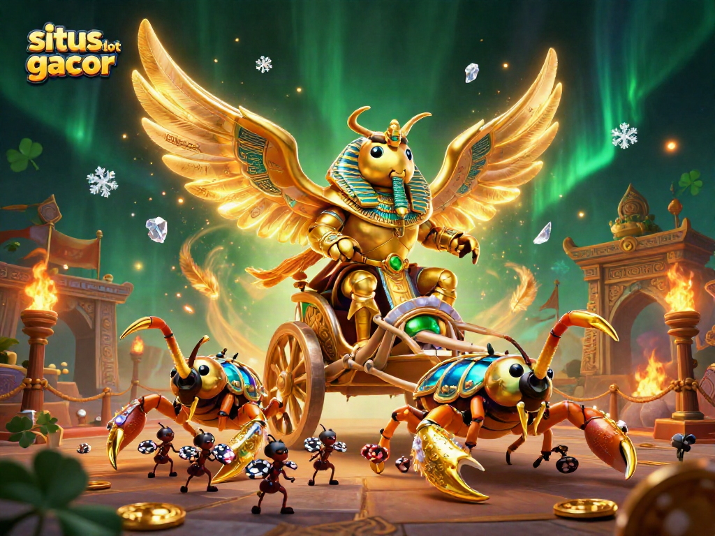 Gambar situs slot gacor menampilkan karakter kasino dalam pertempuran dengan koin emas dan aksesori meriah.