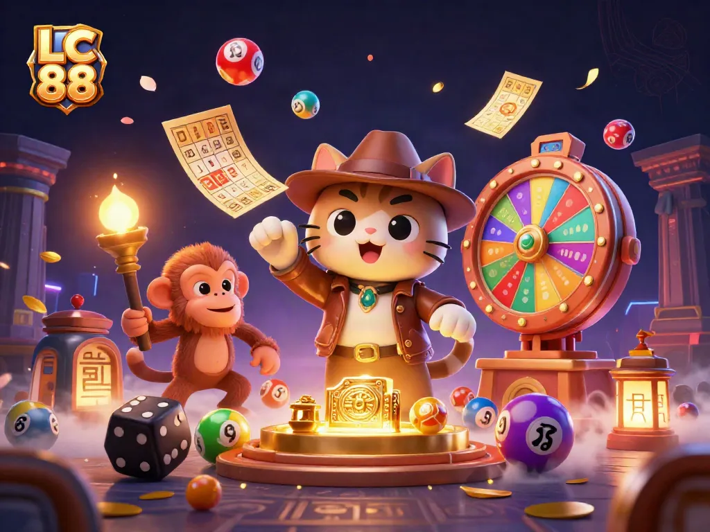 Engage with LC 88's colorful casino atmosphere featuring a cat archaeologist and monkey companion amidst vibrant lottery elements.