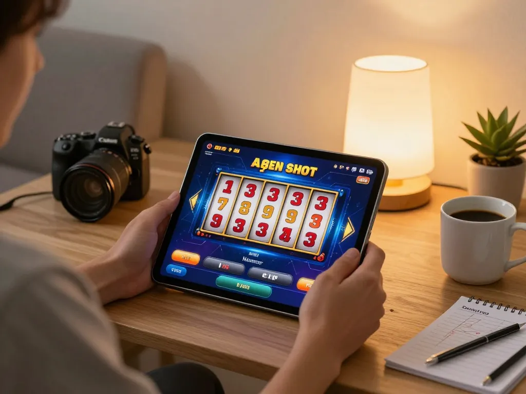 A person enjoying immersive Agen Slot online gameplay on a tablet in a cozy living room.