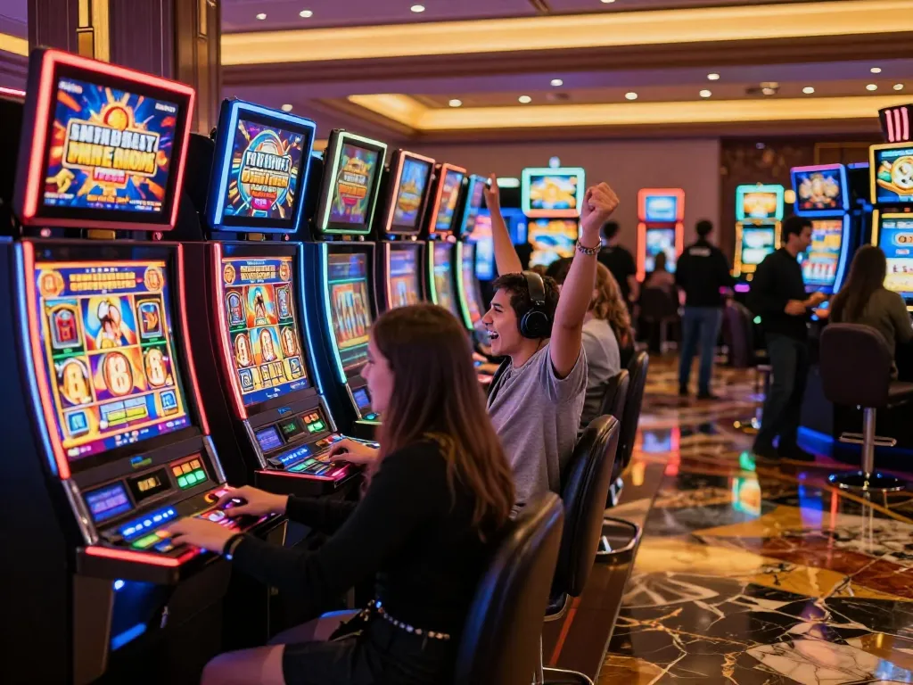 Players celebrating wins at slot zeus machines in a crowded casino gaming floor, vibrant lights and lively atmosphere.