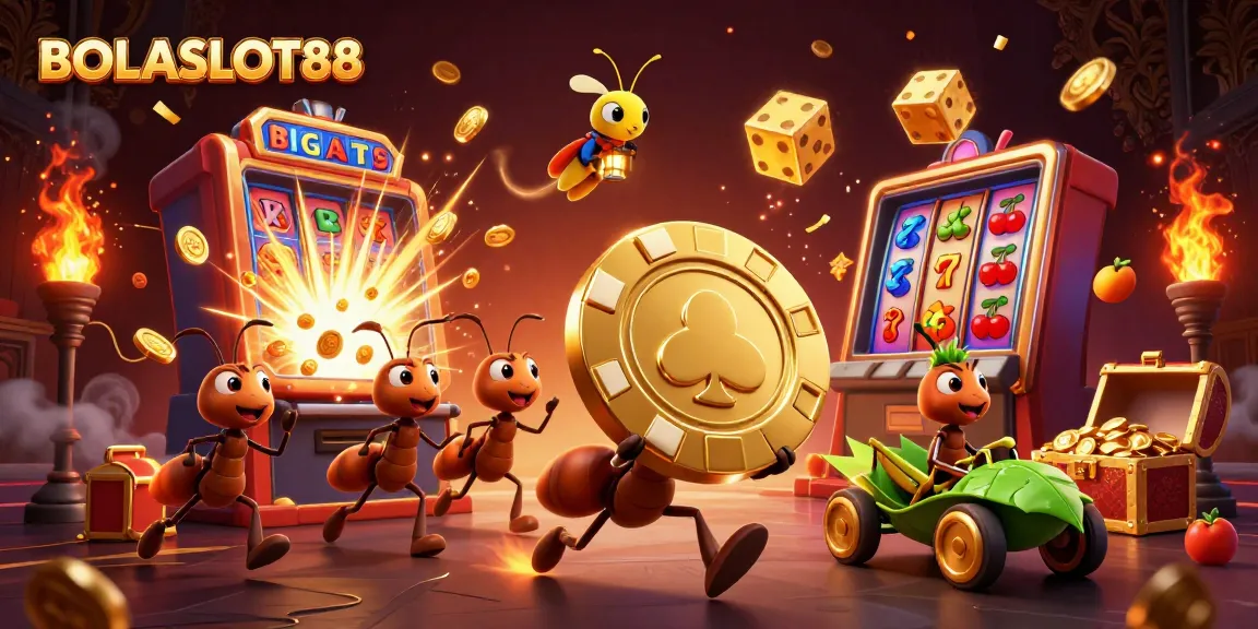 Mengambil kesempatan di BOLASLOT88, tim semut 3D membawa chip poker emas raksasa melalui terowongan sambil dikelilingi slot machine dan mahkota harta karun.