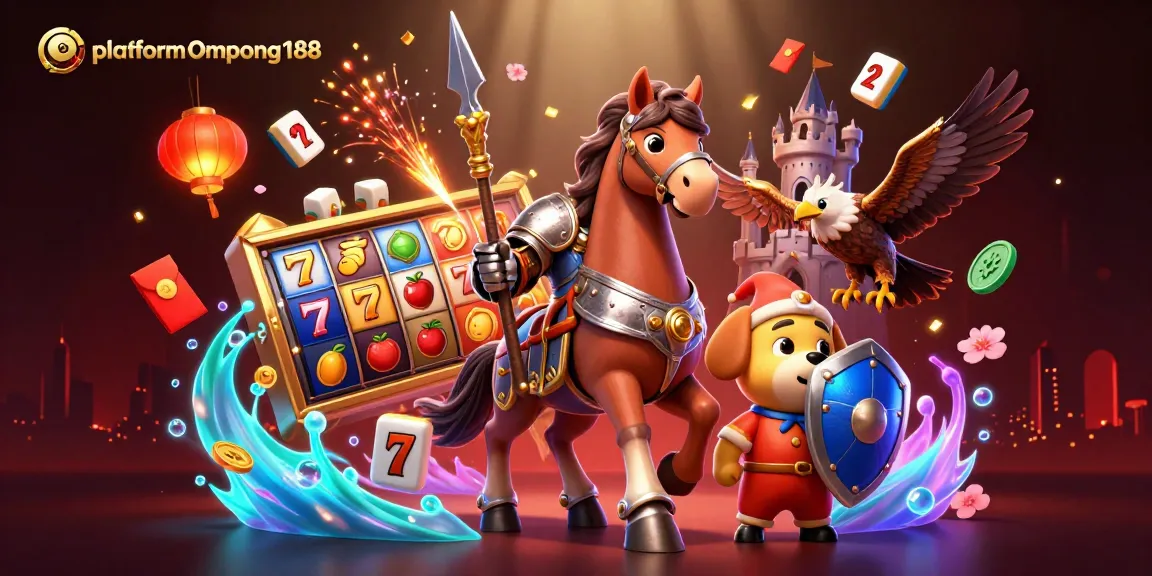 Gambarkan platform Ompong188 dengan karakter kasino, slot, dan elemen meriah secara interaktif