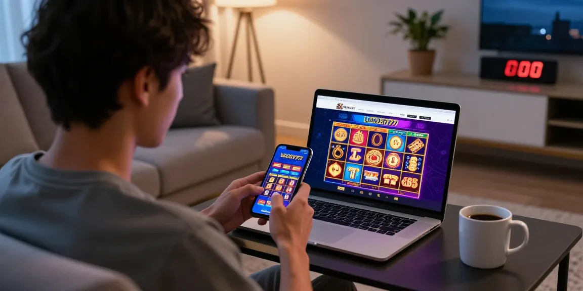 Pemain menggunakan Situs LUXURY777 di smartphone sambil duduk di ruang tamu modern yang nyaman.
