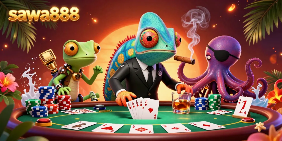Engage with sawa888's vibrant casino scene featuring a colorful poker table and charismatic characters.