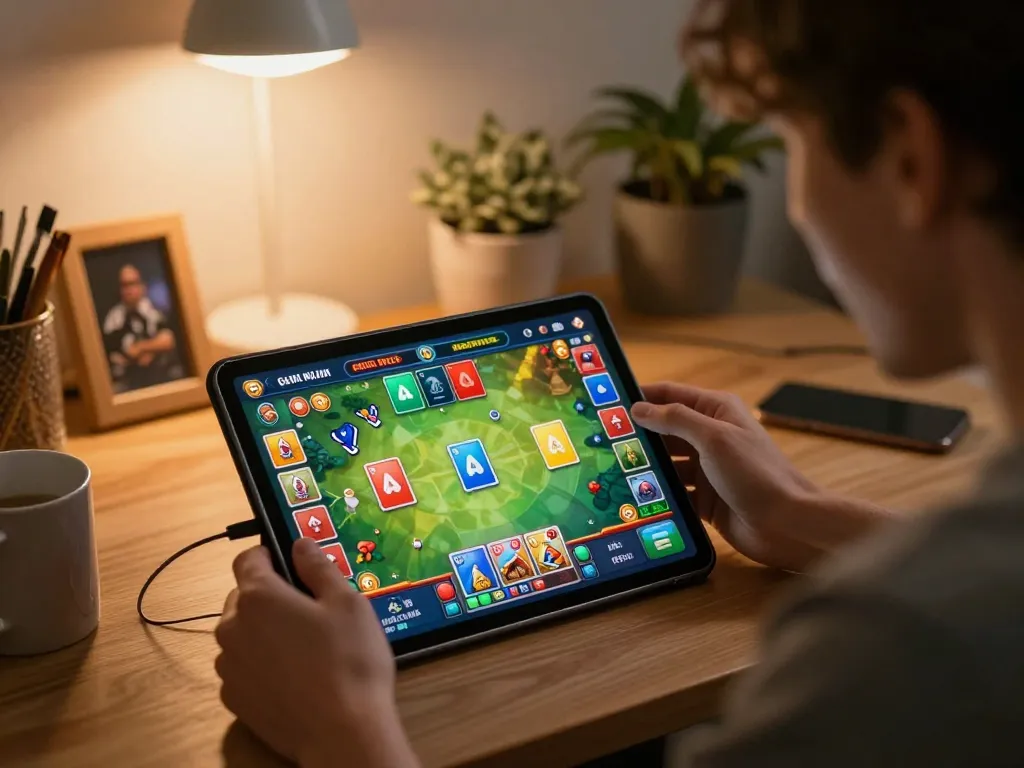Engaged player enjoying exciting GAME ONLINE experience on tablet with vibrant graphics and casual gaming setup
