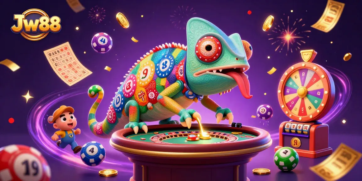 Engaging illustration of Jw 88 casino environment featuring chameleon owner and vibrant game elements.