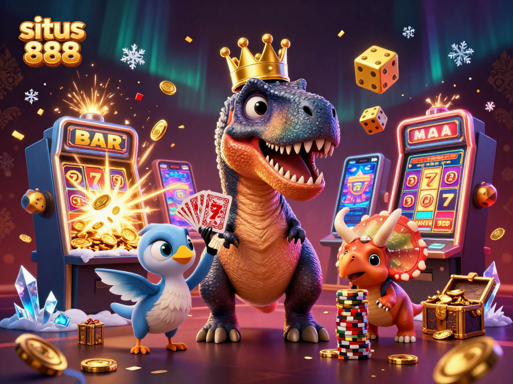 Experience slots excitement with the playful situs 888 characters in a dynamic casino scene.