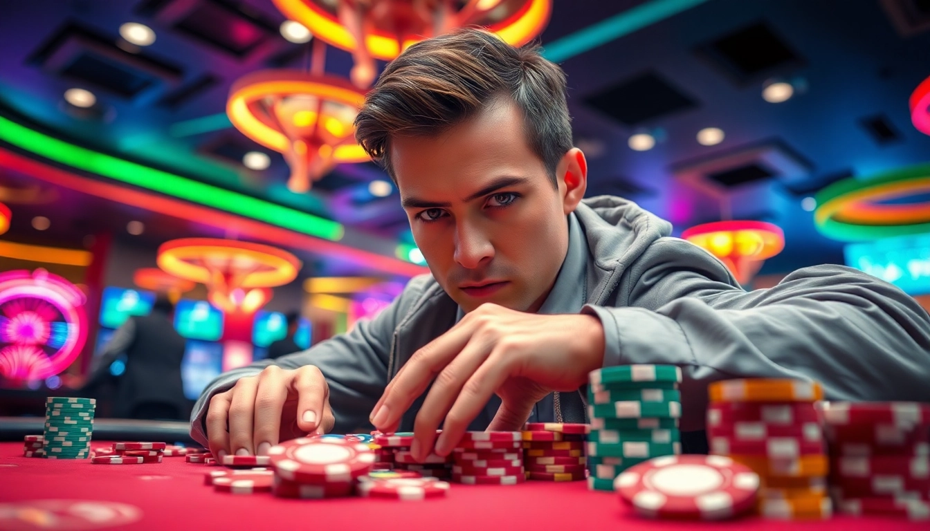 Kutu4d Gamer menangis dalam suasana kasino penuh energi dengan chip dan papan permainan.