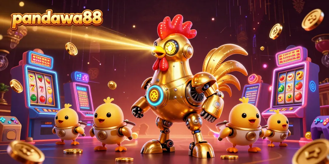 pandawa88 Menampilkan robot ayam emas futuristik di kasino dengan mesin slot dan efek neon