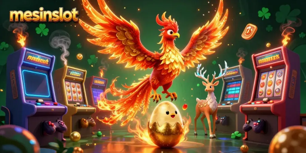 Experience thrilling wins with mesinslot's immersive 3D phoenix casino scene, featuring slot machines and vibrant gaming elements.