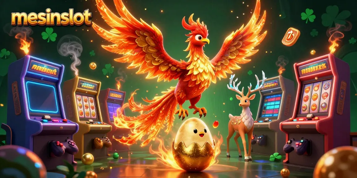 Experience thrilling wins with mesinslot's immersive 3D phoenix casino scene, featuring slot machines and vibrant gaming elements.