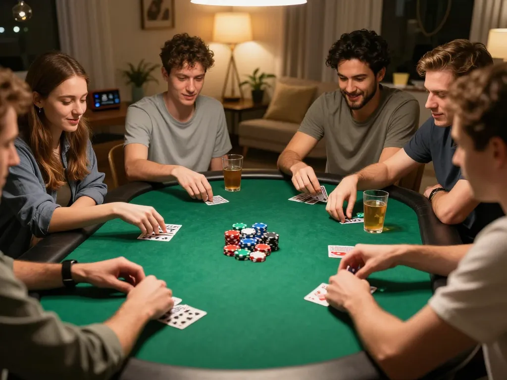 Players at home poker night engaging in tg88 strategy with lively gameplay and friendly competition