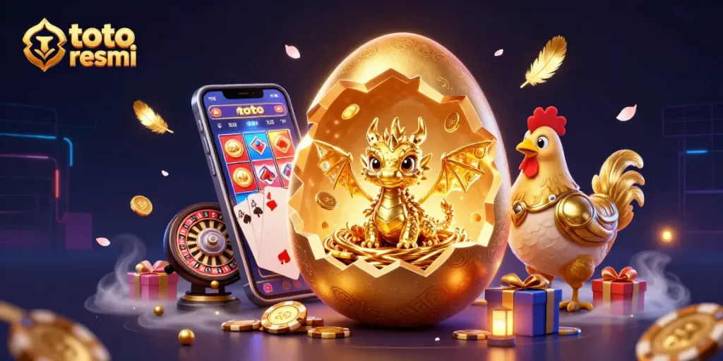 Memenangkan toto resmi dengan ilustrasi menarik yang menampilkan naga emas dan elemen judi yang mengesankan.