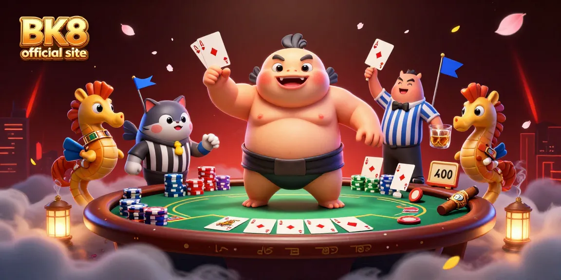 Engage with the BK8 official site in an underwater casino scene featuring a fugu referee and vibrant poker elements.