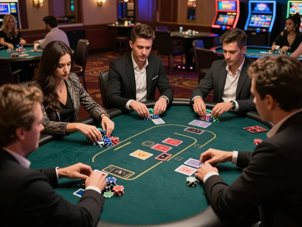Players engaged in an intense mpoid slot poker game, showcasing strategy and excitement with colorful chips in focus.
