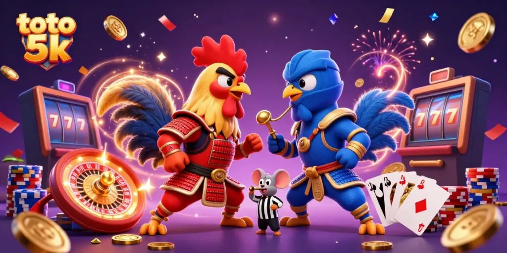Engage in thrilling battles with toto 5k as cartoon roosters in an action-packed casino scene.
