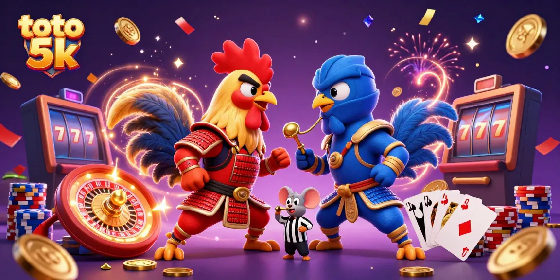Engage in thrilling battles with toto 5k as cartoon roosters in an action-packed casino scene.