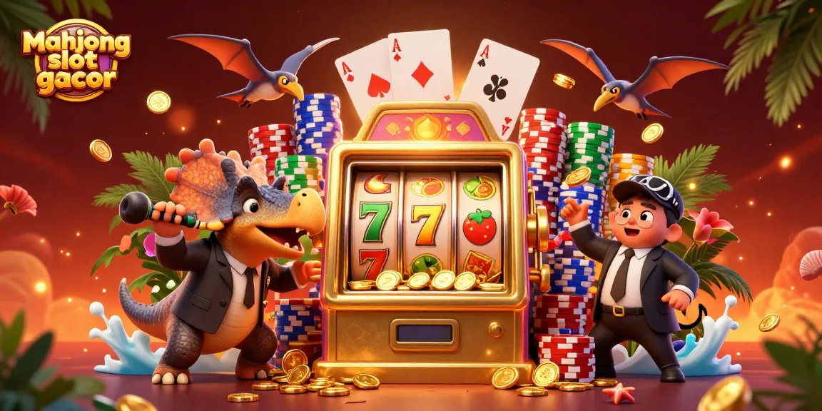 Experience thrilling action with mahjong slot gacor as a dinosaur hits a jackpot, collecting coins amidst casino chaos.