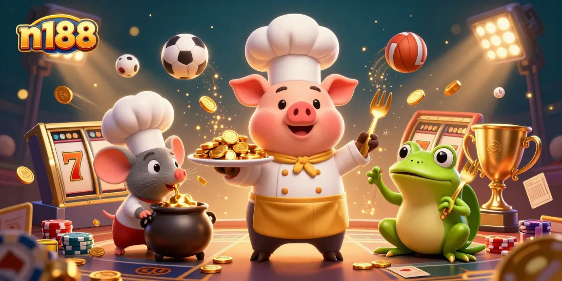 Experience the thrill of n188 with a lively 3D casino illustration featuring a chef pig and golden treasures.