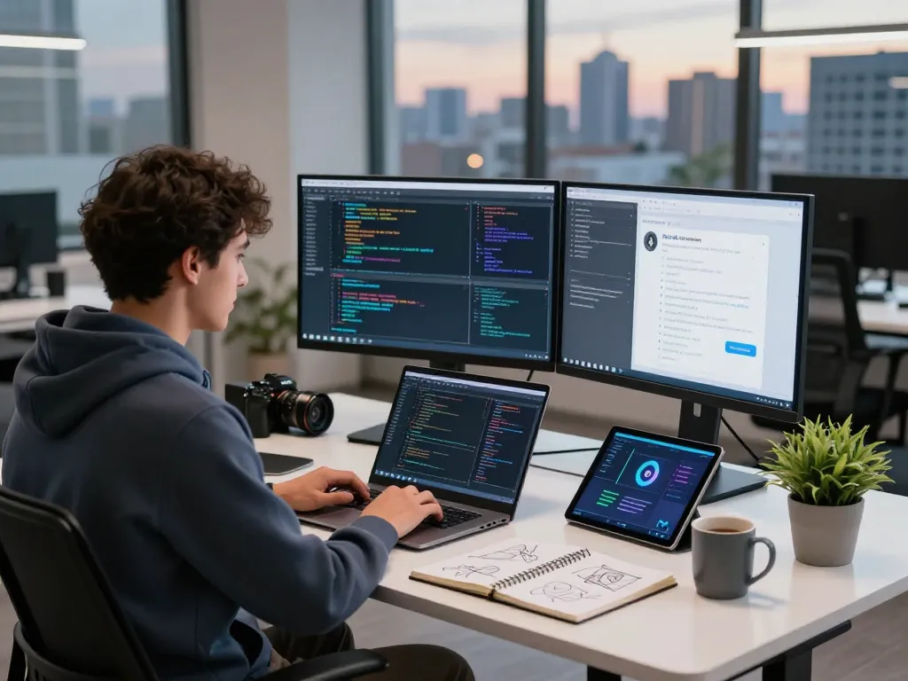 Developer utilizing crush ai technology in a modern workspace filled with monitors and coding tools.