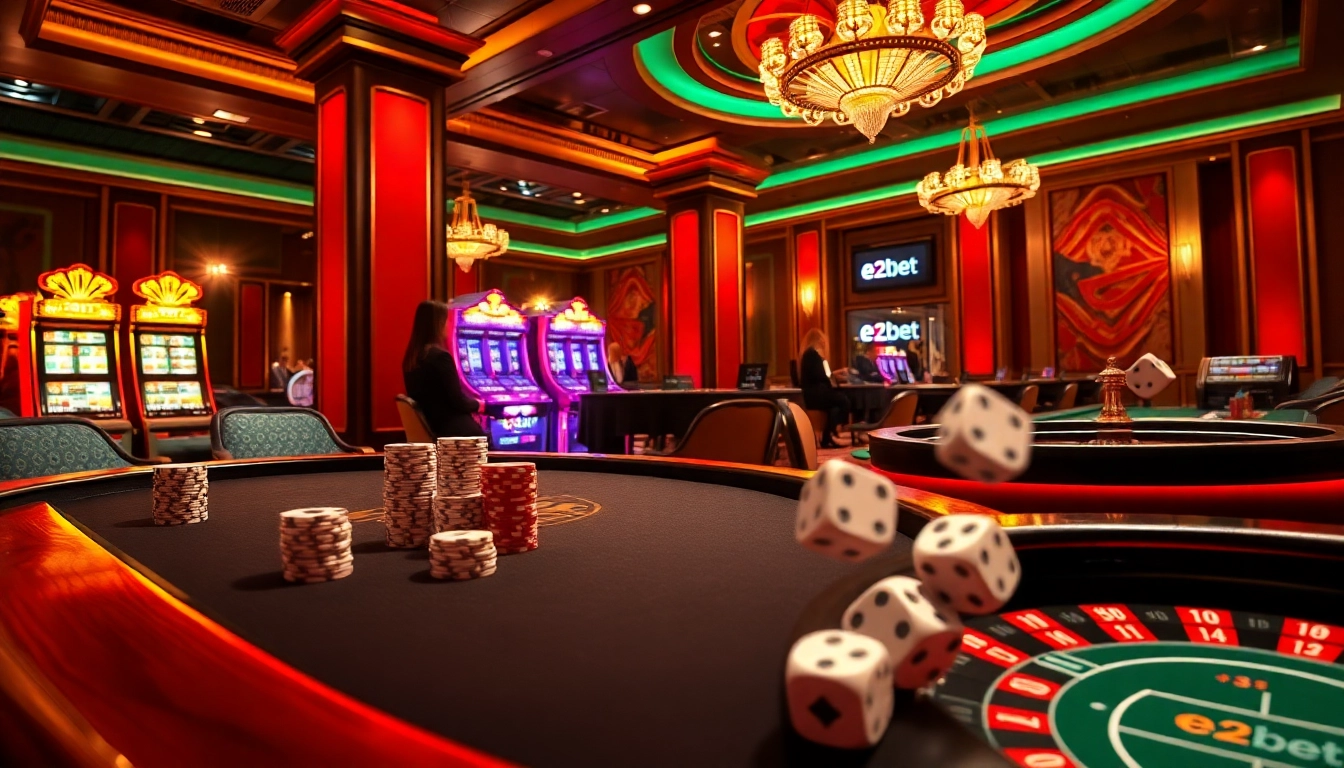 E2bet players enjoying an exciting night at a luxurious casino with poker tables and slot machines.