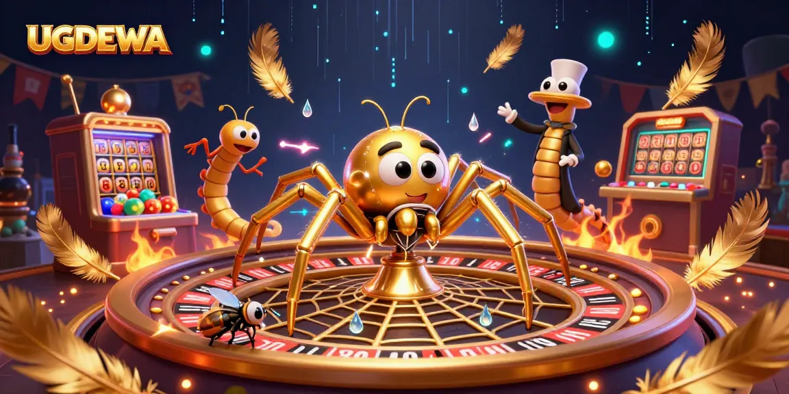 Join the excitement at UGDEWA, where a fly places bets amidst a golden roulette web spinning with vibrant energy!