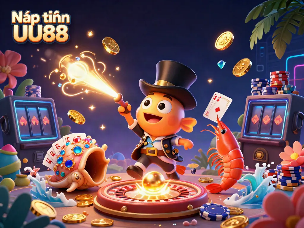 Nạp tiền UU88 with vibrant 3D characters engaging in casino-style excitement, showcasing a deep-sea anglerfish and dynamic elements.