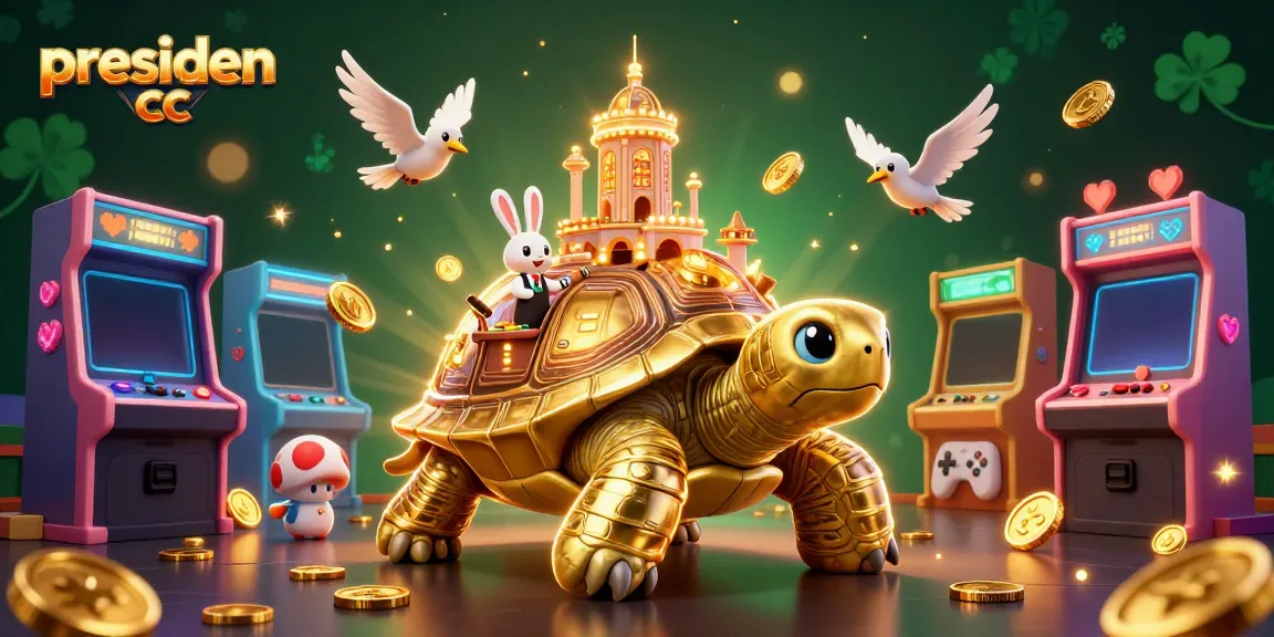 Experience exciting games at presiden cc with a gigantic tortoise casino surrounded by vibrant elements.