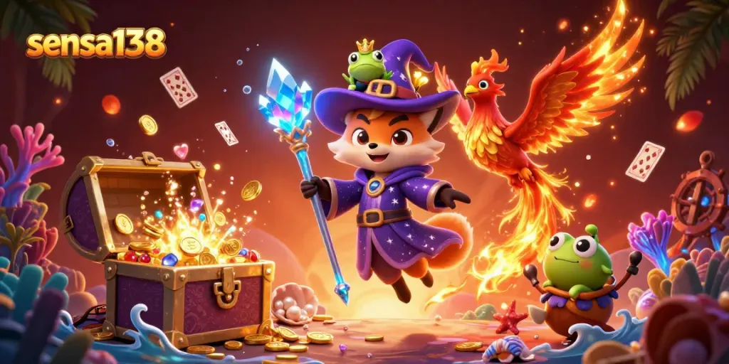 Engage with sensa138 in this vibrant 3D casino adventure featuring mystical characters and treasure-filled scenes.