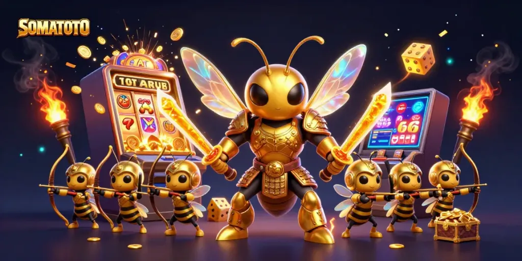Experience the excitement at SOMATOTO with a dynamic casino-themed illustration showcasing vibrant characters and game elements.