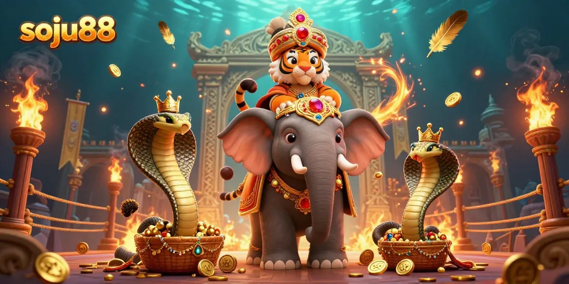 Experience the thrill of soju88 with this vibrant 3D scene featuring a maharaja tiger and his elephant in a casino setting.