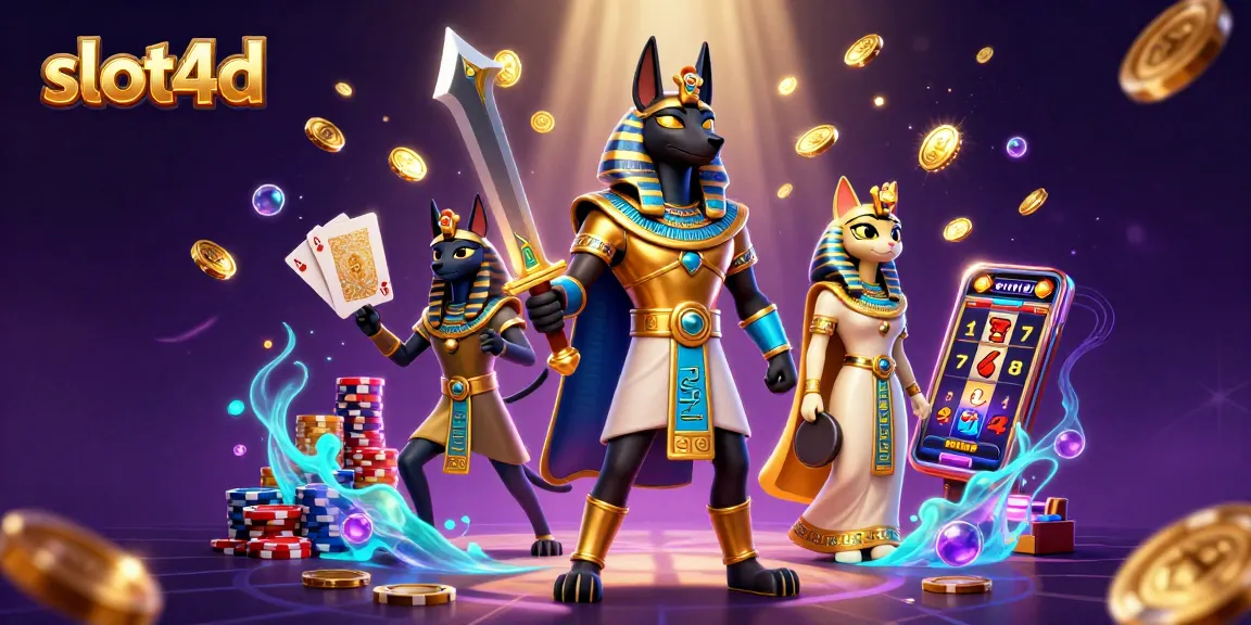 Enjoy the slot4d action in this vibrant Egyptian-themed casino illustration featuring Anubis.