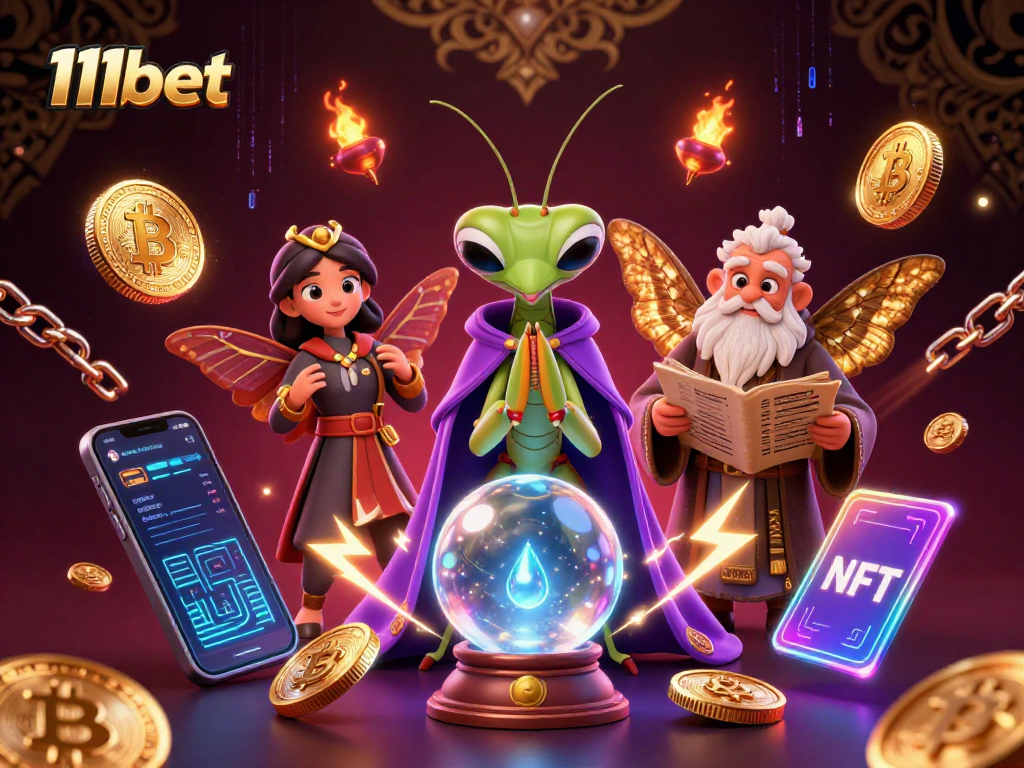 Engage with the mystical world of 11bet featuring a fortune teller and librarian amid crypto elements.