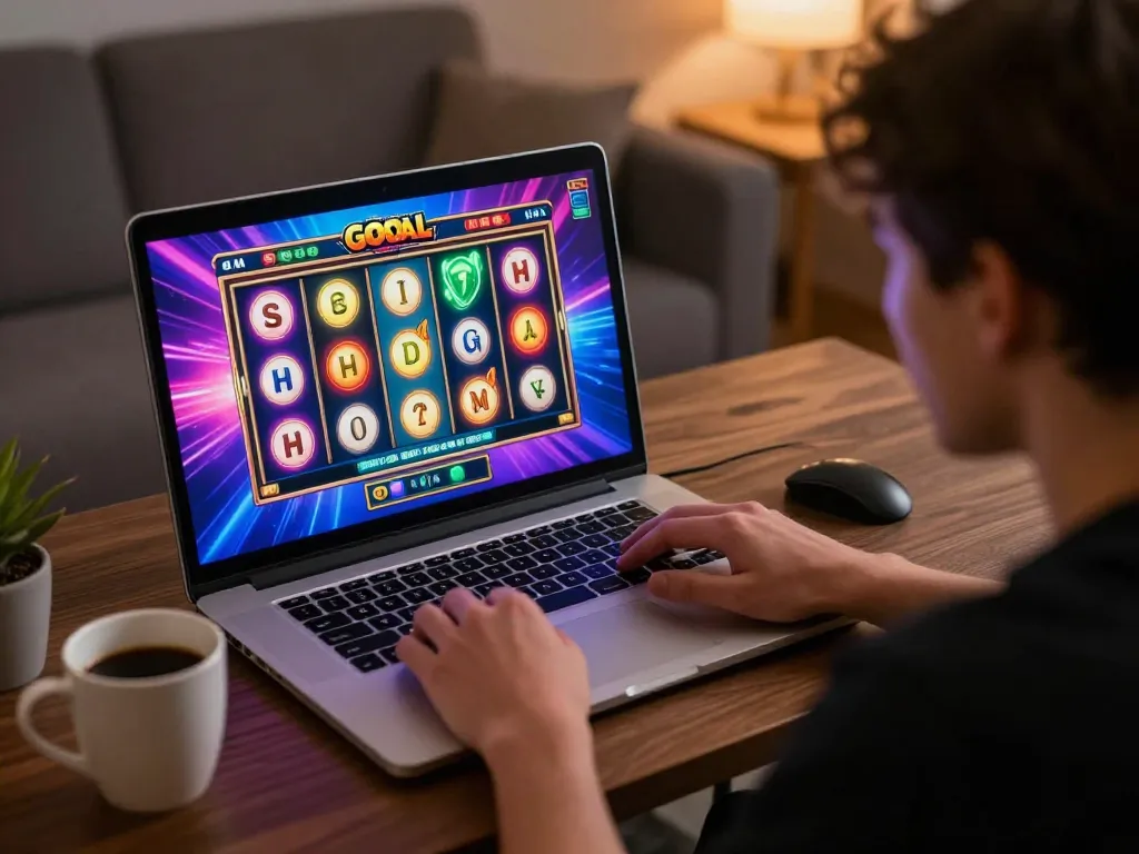 LGO GOAL player enjoying an exciting online slot game in a cozy home setting