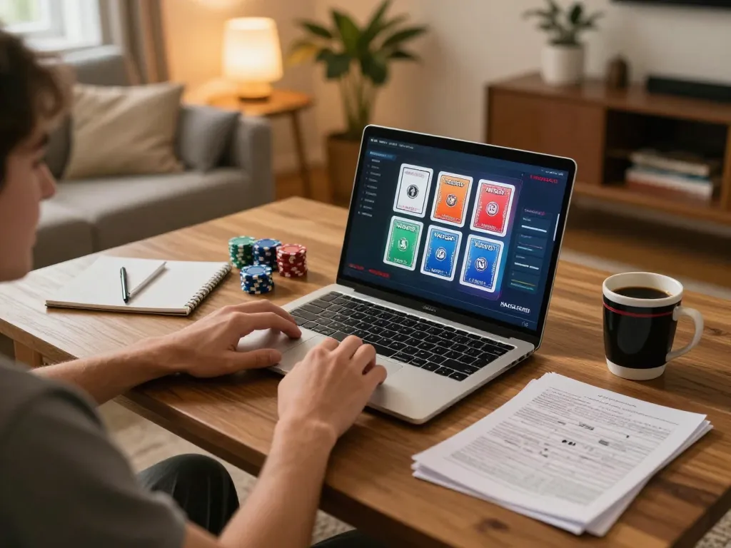 NAGA2000 player enjoying online slots in a cozy home setting with strategy notes