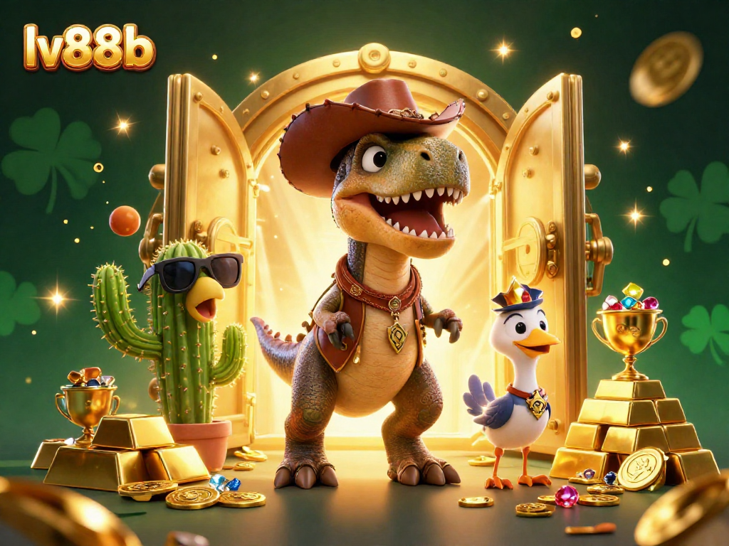 Spin the slots and win big at lv88b, showcasing vibrant characters and treasure.