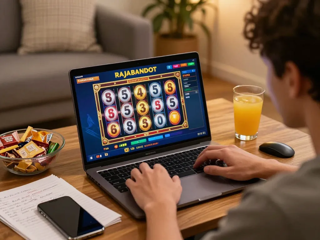 Engaged player enjoying slot macau resmi on laptop in a cozy home setting, highlighting excitement in online gaming.