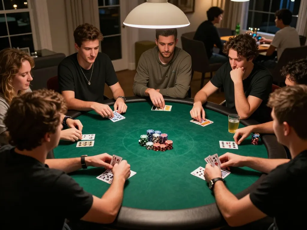 LGO99 players enjoy a casual poker night with cards and chips in hand, sharing strategy and fun.