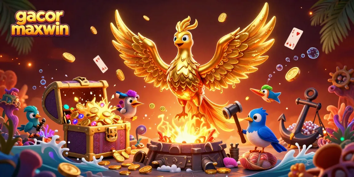 Experience the thrilling gacor maxwin slot gameplay with a dynamic golden phoenix soaring through a casino-themed adventure.