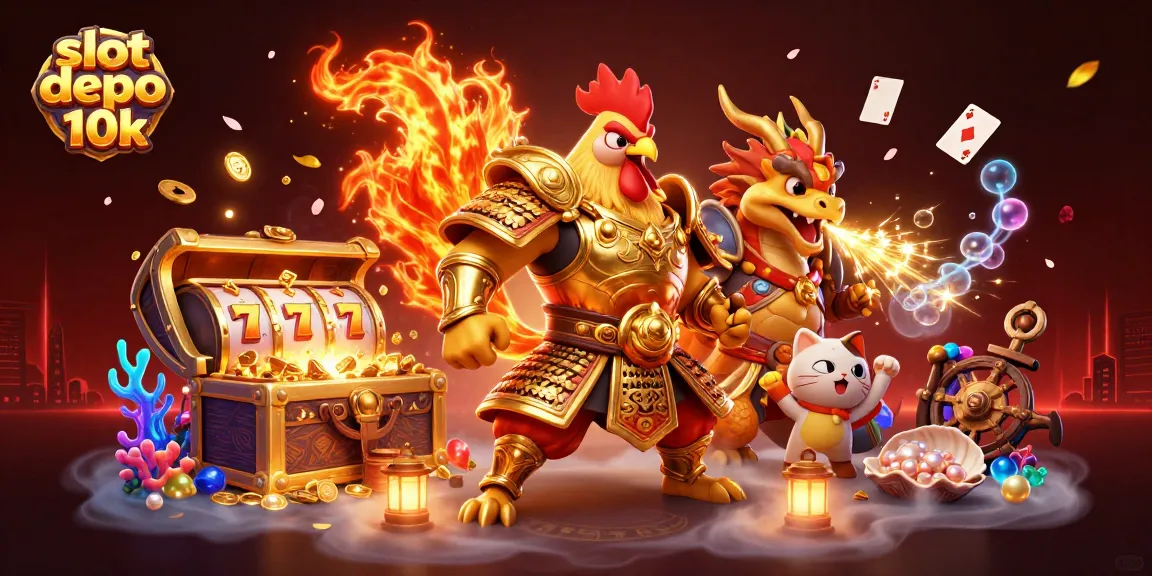 Mainkan slot depo 10k dalam ilustrasi penuh warna dengan karakter judi yang menarik.