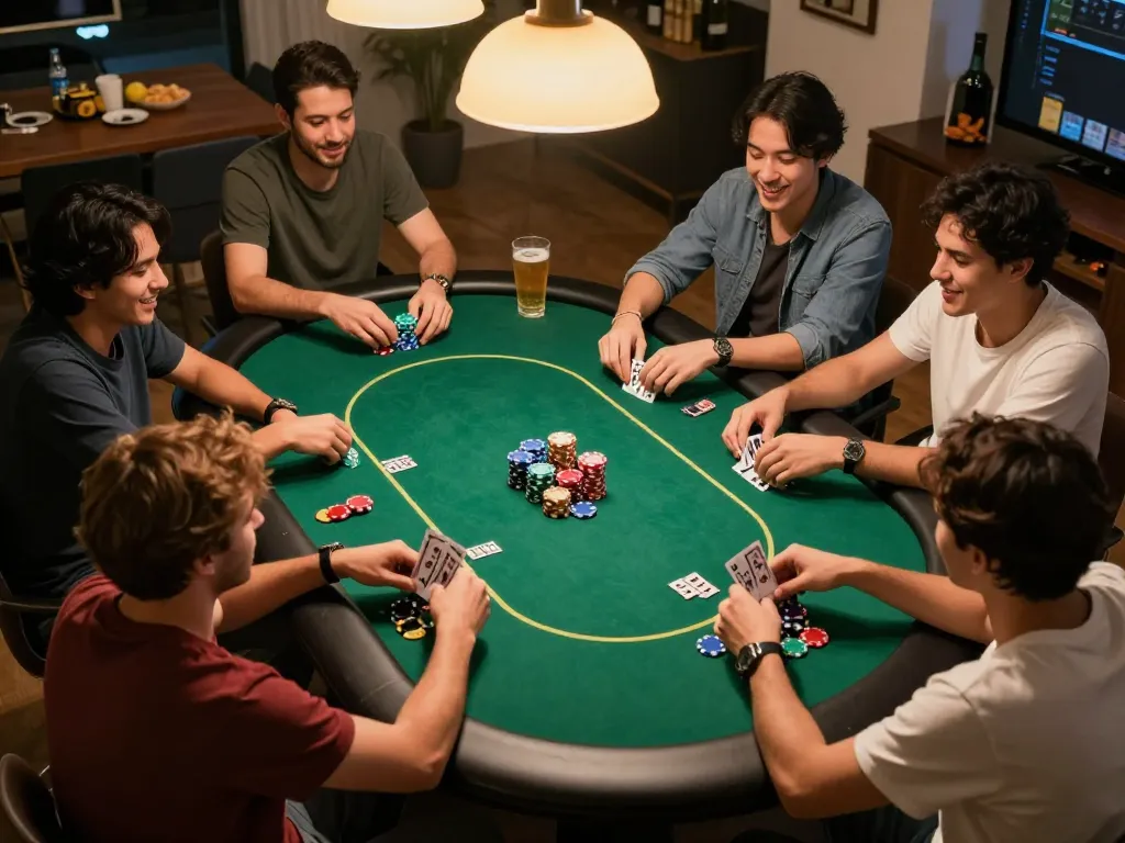 KADAL 778 players enjoying an exciting home poker game night, with colorful chips and drinks visible.