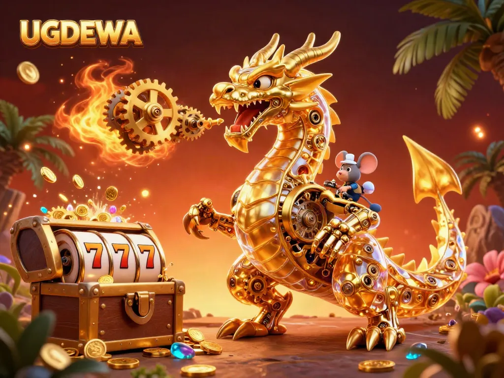 Engage with UGDEWA as the golden dragon breathes gears, surrounded by winning slot reels and treasures.