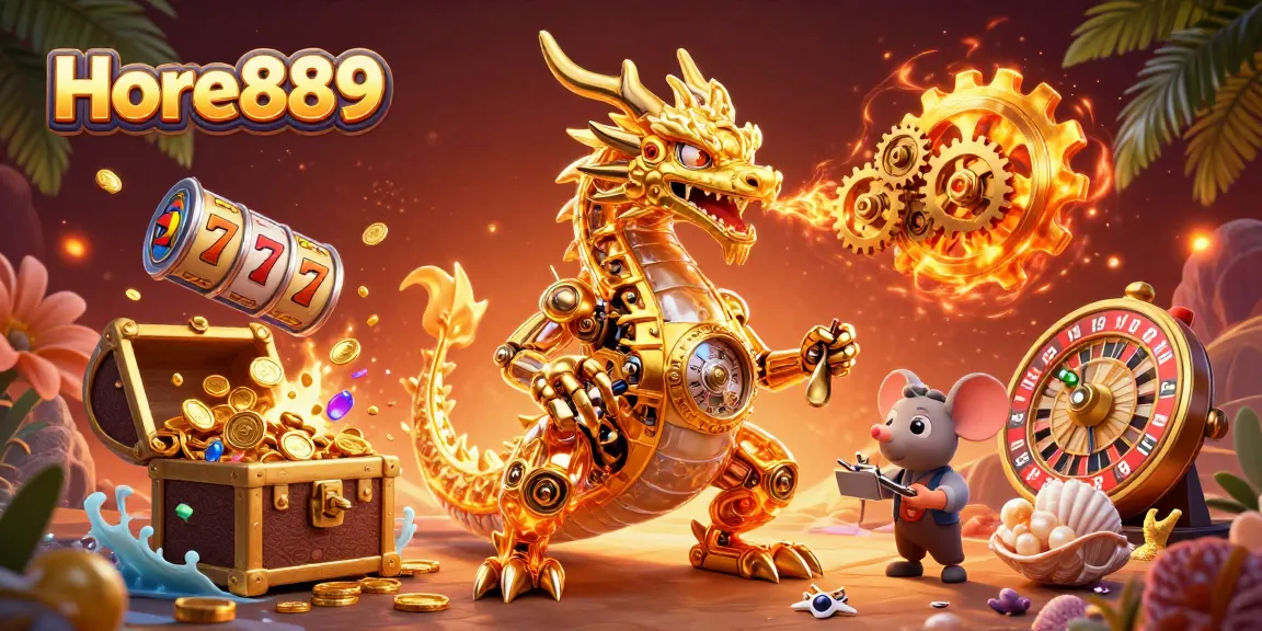 Experience the dynamic casino excitement of Hore889 with a golden dragon and treasure-filled game scene.
