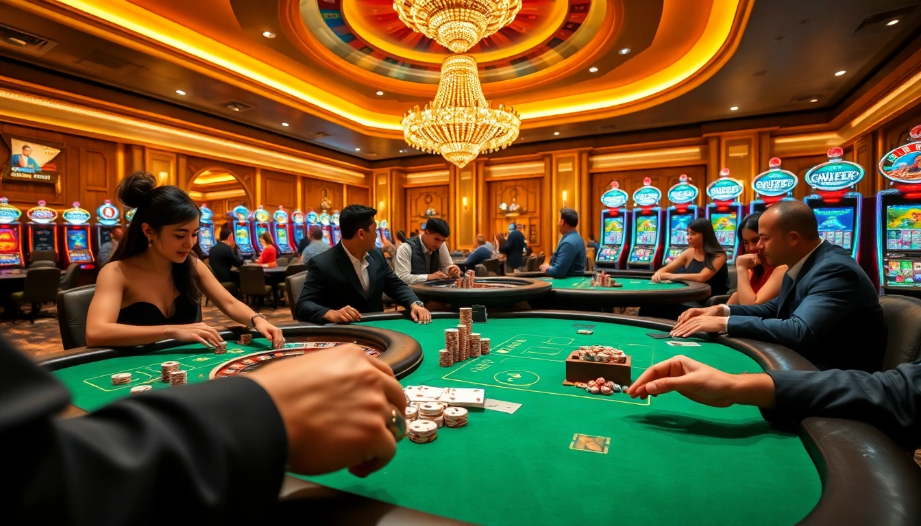 Engaging players at CM 88 casino tables celebrate a winning hand amidst vibrant gambling action.