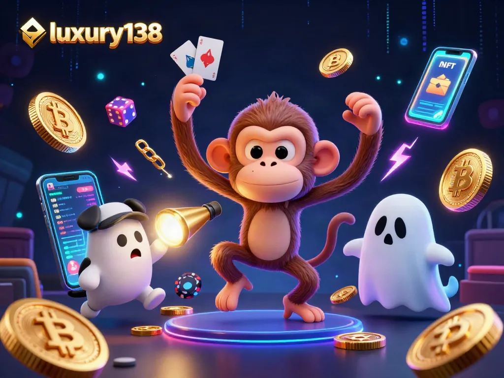 Engage with luxury138's online casino excitement: a mischievous monkey juggles coins and a curious puppy investigates