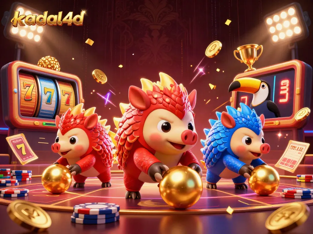Engage in excitement at kadal4d, with animated pangolins bowling through poker chips in a vibrant casino scene.