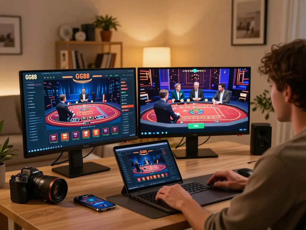 Player engaging with GG88 casino interface on dual screens while enjoying a home gaming setup.