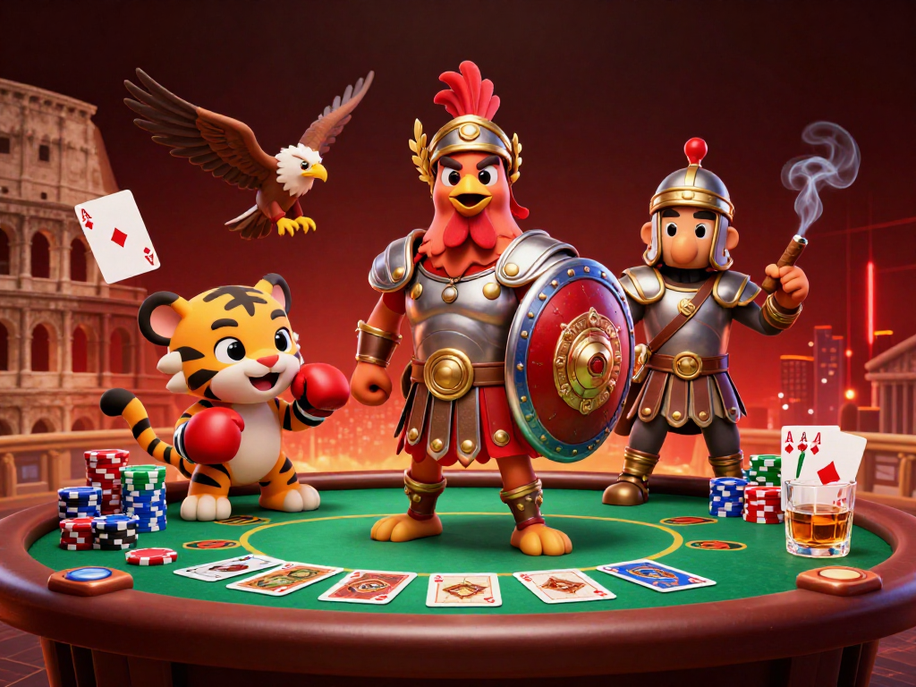 Engage with 88vv's dynamic casino atmosphere featuring a gladiator rooster and poker action.